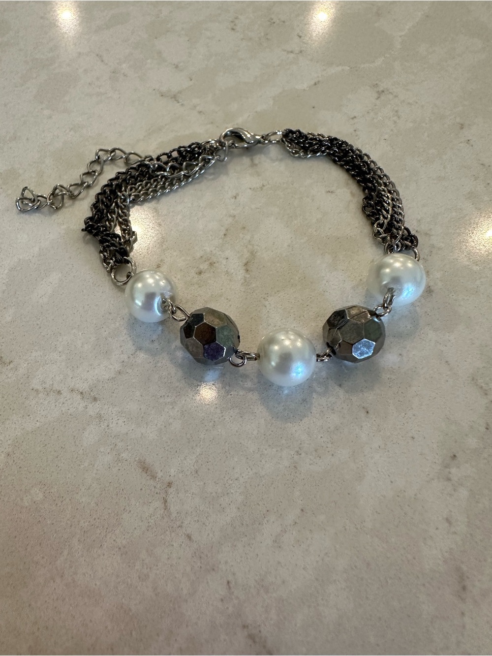 Pearl and Black Bead Multi-Chain Bracelet - White and Silver